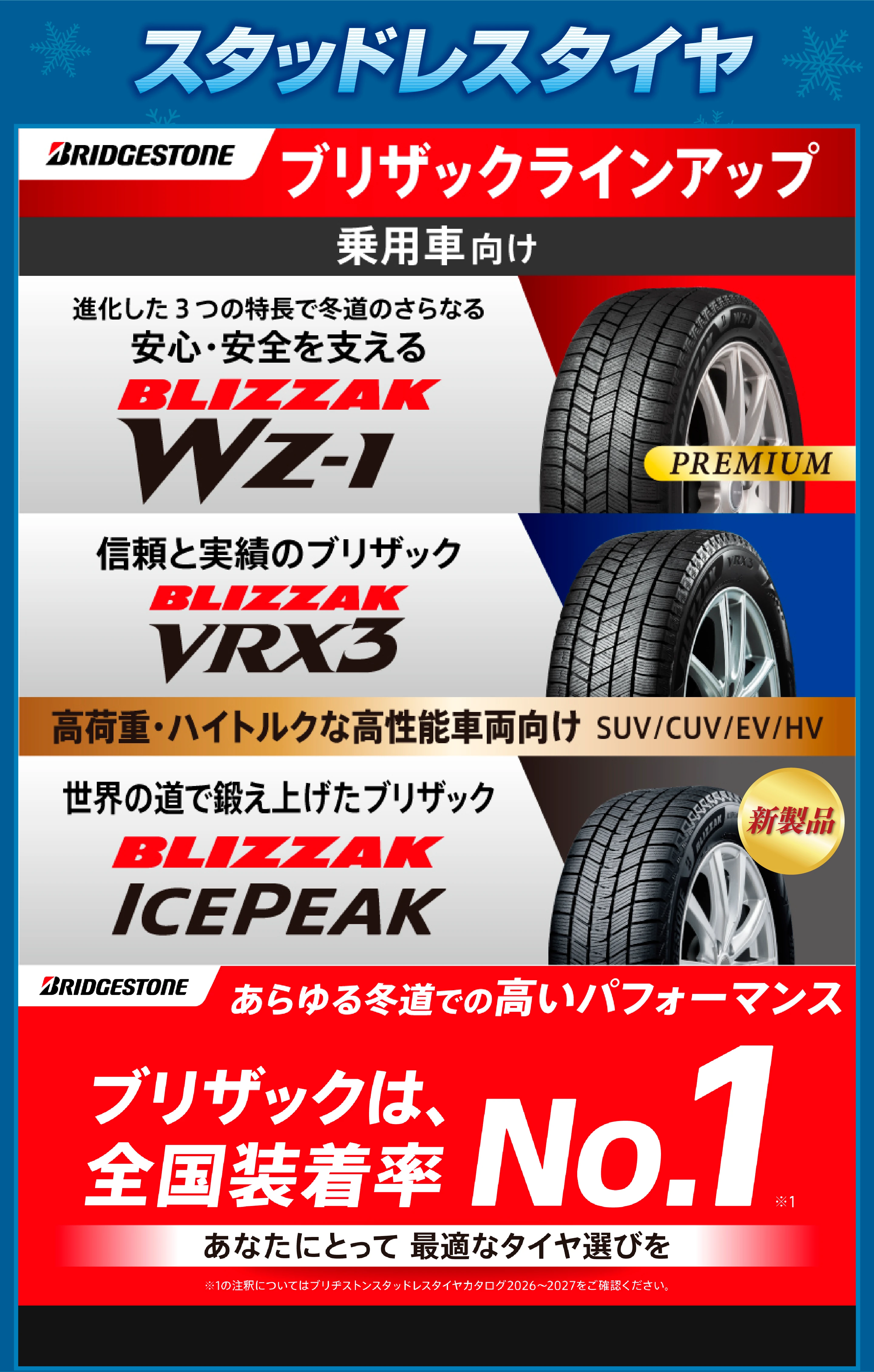 �X�^�b�h���X�^�C�� BRIDGESTONE �u���U�b�N���C���A�b�v ��p�Ԍ��� �i������3�̓����œ~���̂���Ȃ���S�E���S���x���� BLIZZAK WZ-1 PREMIUM �M���Ǝ��т̃u���U�b�N BLIZZAK VRX3 ���׏d�E�n�C�g���N�ȍ����\�ԗ����� SUV/CUV/EV/HV ���E�̓��Œb���グ���u���U�b�N BLIZZAK ICEPEAK �V���i BRIDGESTONE ������~���ł̍����p�t�H�[�}���X �u���U�b�N�́A�S��������No.1��1 ���Ȃ��ɂƂ��� �œK�ȃ^�C���I�т� ��1�̒��߂ɂ��Ă̓u���a�X�g���X�^�b�h���X�^�C���J�^���O2026�`2027�����m�F���������B