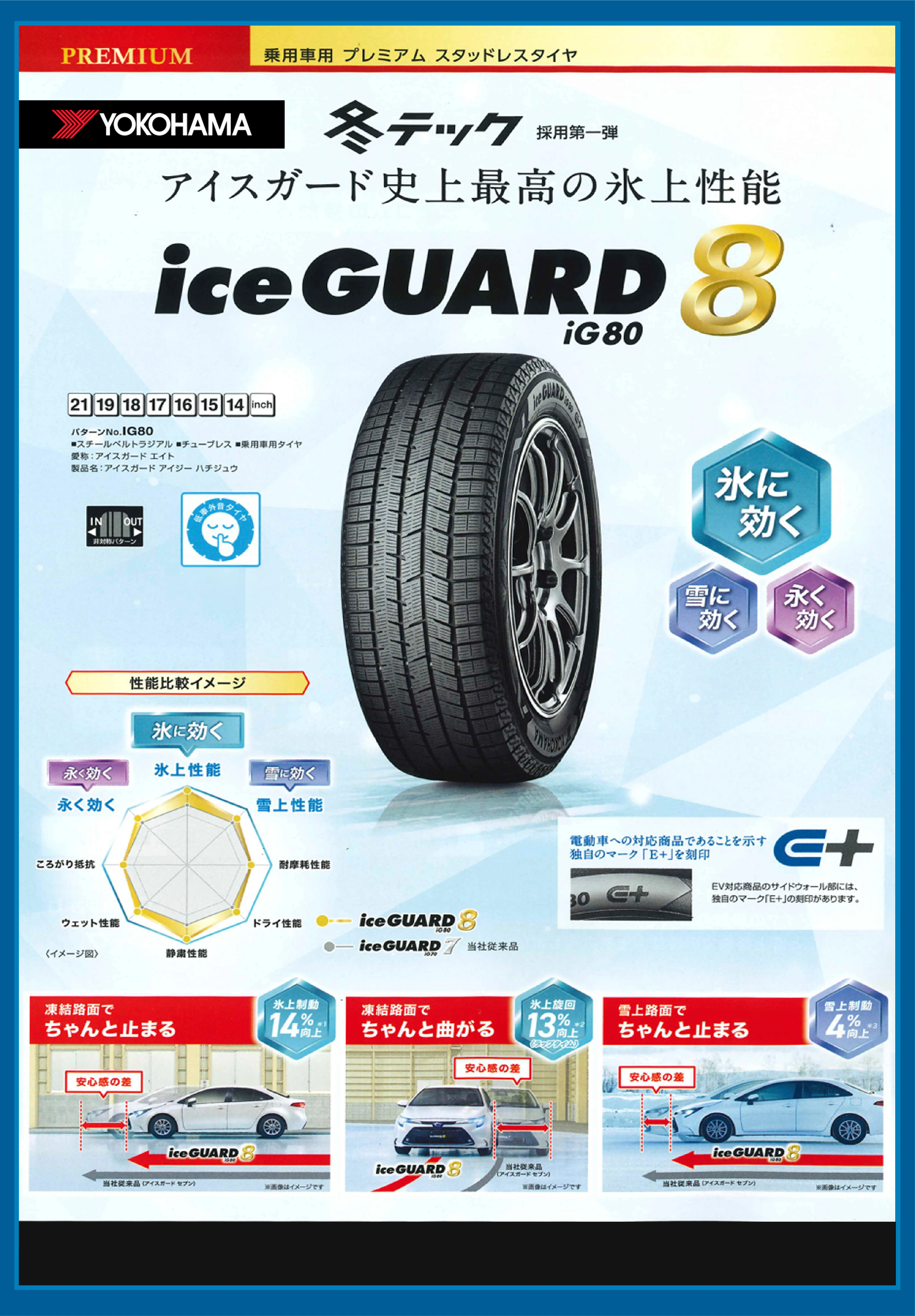 PREMIUM ��p�ԗp �v���~�A�� �X�^�b�h���X�^�C�� YOKOHAMA �~�e�b�N �̗p���e �A�C�X�K�[�h�j��ō��̕X�㐫�\ iceGUARD 8 iG80 21 19 18 17 16 15 14 inch �p�^�[��No.IG80 ���X�`�[���x���g���W�A�� ���`���[�u���X ����p�ԗp�^�C�� ���́F�A�C�X�K�[�h �G�C�g ���i���F�A�C�X�K�[�h �A�C�W�[ �n�`�W���E IN OUT ��Ώ̃p�^�[�� ��ԊO���^�C�� �X�Ɍ��� ��Ɍ��� �i������ ���\��r�C���[�W �X�㐫�\ ��㐫�\ �ϖ��Ր��\ �h���C���\ �Ïl���\ �E�F�b�g���\ ���낪���R �i�C���[�W�}�j iceGUARD 8 iG80 iceGUARD 7 iG70 ���Џ]���i �d���Ԃւ̑Ή����i�ł��邱�Ƃ������Ǝ��̃}�[�N�uE+�v������ EV�Ή����i�̃T�C�h�E�H�[�����ɂ́A�Ǝ��̃}�[�N�uE+�v�̍��󂪂���܂��B �����H�ʂł����Ǝ~�܂� �X�㐧��14%���て1 �����H�ʂł����ƋȂ��� �X�����13%���て2�i���b�v�^�C���j ���H�ʂł����Ǝ~�܂� ��㐧��4%���て3 ���S���̍� ���Џ]���i�i�A�C�X�K�[�h �Z�u���j ���摜�̓C���[�W�ł�