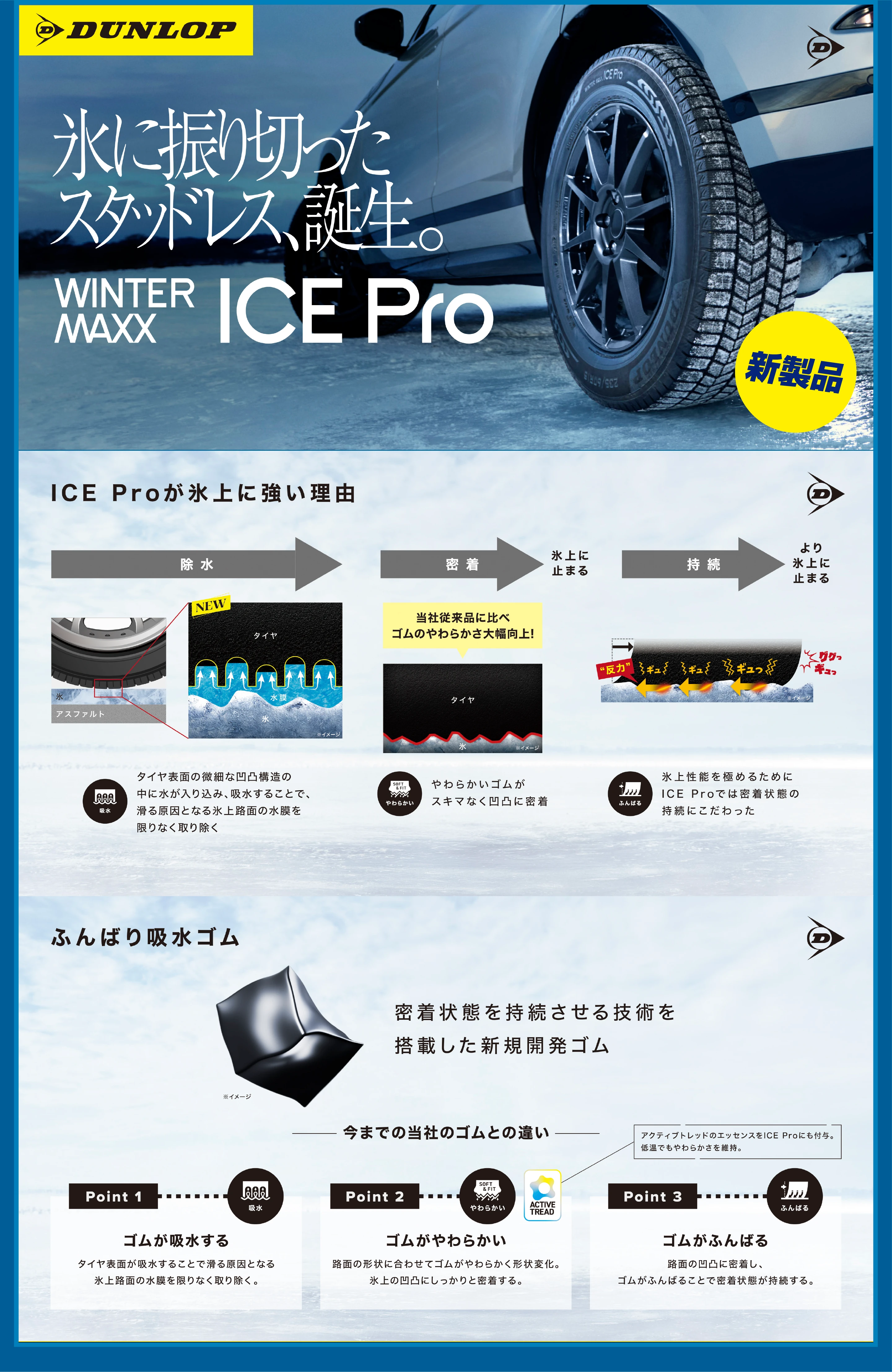 DUNLOP �X�ɐU��؂����X�^�b�h���X�A�a���B WINTER MAXX ICE Pro �V���i ICE Pro���X��ɋ������R ���� ���� �X��Ɏ~�܂� ���� ���X��Ɏ~�܂� NEW ���Џ]���i�ɔ�׃S���̂��炩���啝����I �X ���� �A�X�t�@���g �^�C�� ���C���[�W �^�C���\�ʂ̔��ׂȉ��ʍ\���̒��ɐ������荞�݁A�z�����邱�ƂŁA���錴���ƂȂ�X��H�ʂ̐���������Ȃ���菜�� ���炩���S�����X�L�}�Ȃ����ʂɖ��� �X�㐫�\���ɂ߂邽�߂�ICE Pro�ł͖�����Ԃ̎����ɂ�������� �ӂ�΂�z���S�� ������Ԃ�����������Z�p�𓋍ڂ����V�K�J���S�� ���C���[�W ���܂ł̓��Ђ̃S���Ƃ̈Ⴂ �A�N�e�B�u�g���b�h�̃G�b�Z���X��ICE Pro�ɂ��t�^�B�ቷ�ł����炩�����ێ��B Point 1 �z�� �S�����z������ �^�C���\�ʂ��z�����邱�ƂŊ��錴���ƂȂ�X��H�ʂ̐���������Ȃ���菜���B Point 2 SOFT & FIT ���炩�� ACTIVE TREAD �S�������炩�� �H�ʂ̌`��ɍ��킹�ăS�������炩���`��ω��B�X��̉��ʂɂ�������Ɩ�������B Point 3 �ӂ�΂� �S�����ӂ�΂� �H�ʂ̉��ʂɖ������A�S�����ӂ�΂邱�ƂŖ�����Ԃ���������B